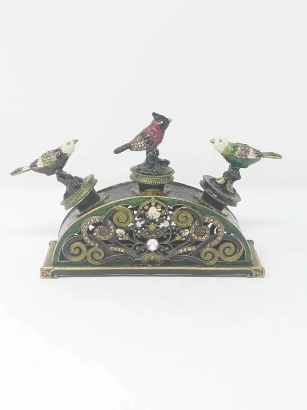 Vintage metal bottle stopper w/holder Cloisonné enamel set of 3 bar ware mancave